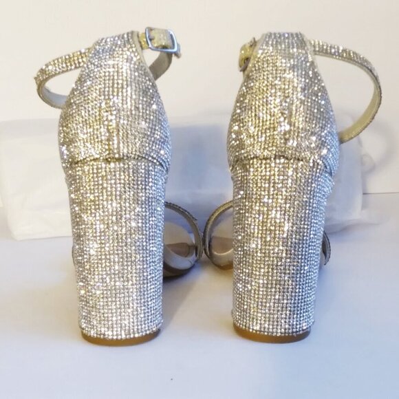 Steve Madden Carrson Silver Crystal Covered Block Heel Sparkly Sandals  Sz 9.5 - Picture 3 of 11
